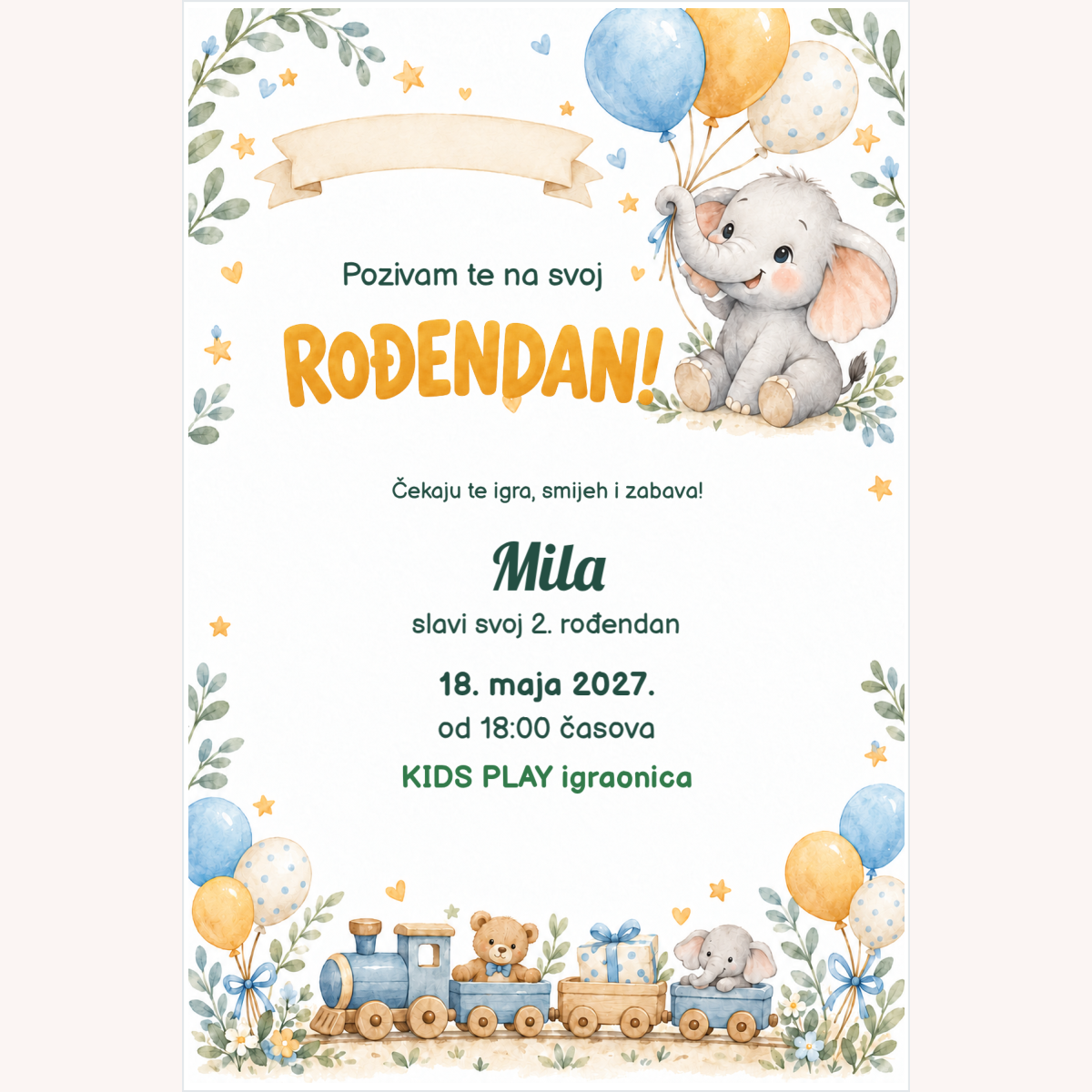 Pozivnica · Mali slonić i baloni – prikaz proizvoda